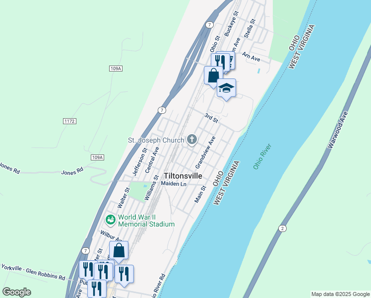 map of restaurants, bars, coffee shops, grocery stores, and more near 215 Walker Street in Tiltonsville