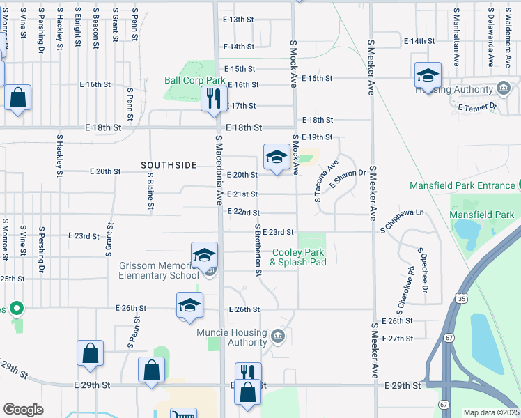map of restaurants, bars, coffee shops, grocery stores, and more near 1812 East 22nd Street in Muncie