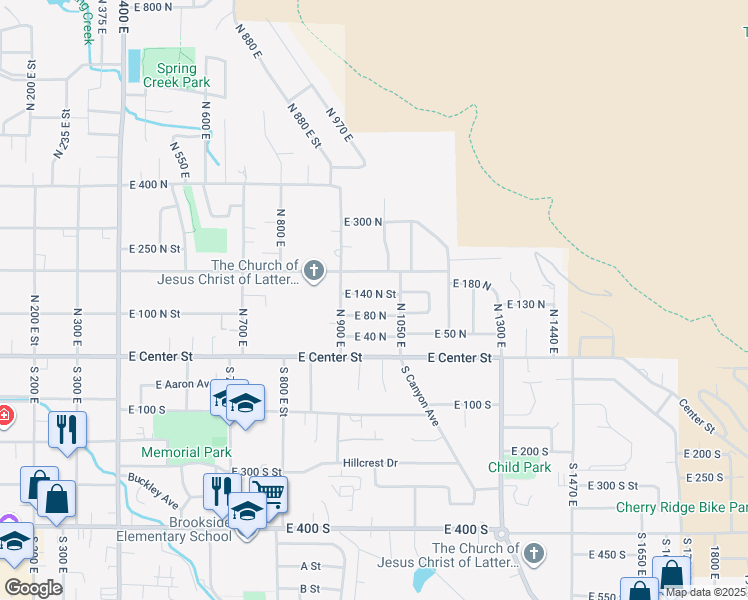 map of restaurants, bars, coffee shops, grocery stores, and more near 970 East 140 North Street in Springville