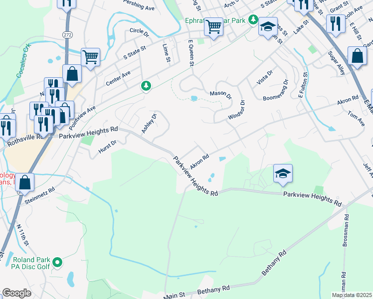 map of restaurants, bars, coffee shops, grocery stores, and more near 10 Pleasure Road in Ephrata