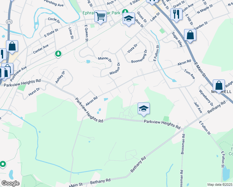 map of restaurants, bars, coffee shops, grocery stores, and more near 214 Akron Road in Ephrata