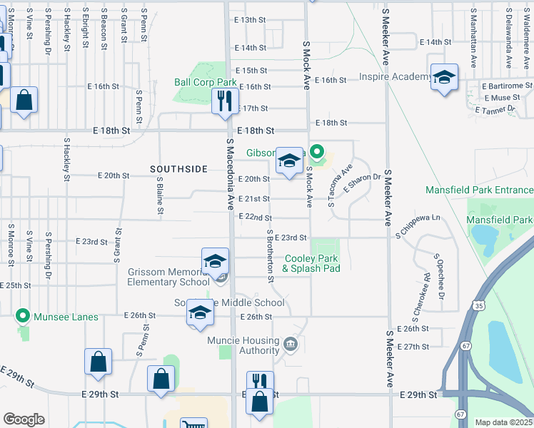 map of restaurants, bars, coffee shops, grocery stores, and more near 1812 East 22nd Street in Muncie