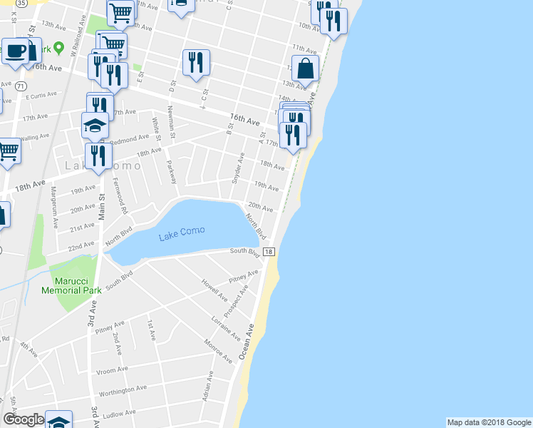 map of restaurants, bars, coffee shops, grocery stores, and more near 103 20th Avenue in Belmar