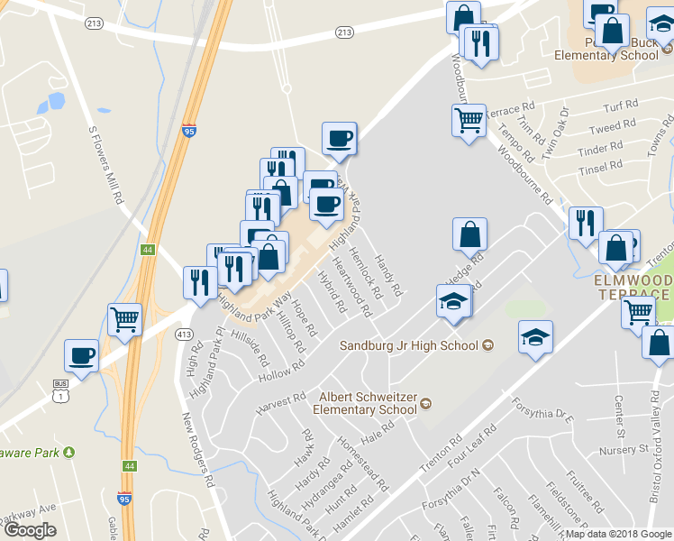 map of restaurants, bars, coffee shops, grocery stores, and more near 143 Heartwood Road in Levittown