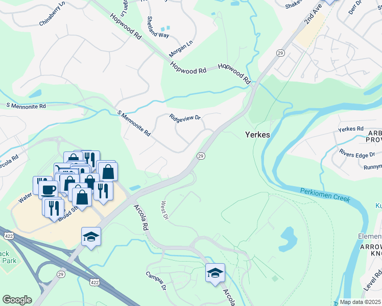 map of restaurants, bars, coffee shops, grocery stores, and more near 111 South Mennonite Road in Collegeville