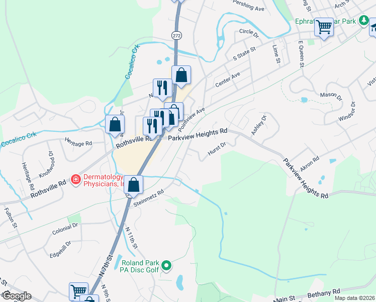 map of restaurants, bars, coffee shops, grocery stores, and more near 101 Hurst Drive in Ephrata