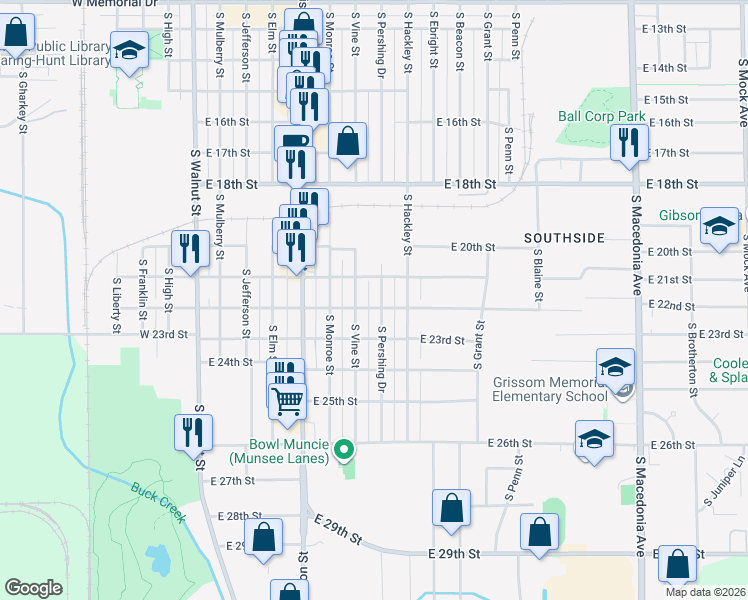 map of restaurants, bars, coffee shops, grocery stores, and more near 2821 South Pershing Drive in Muncie