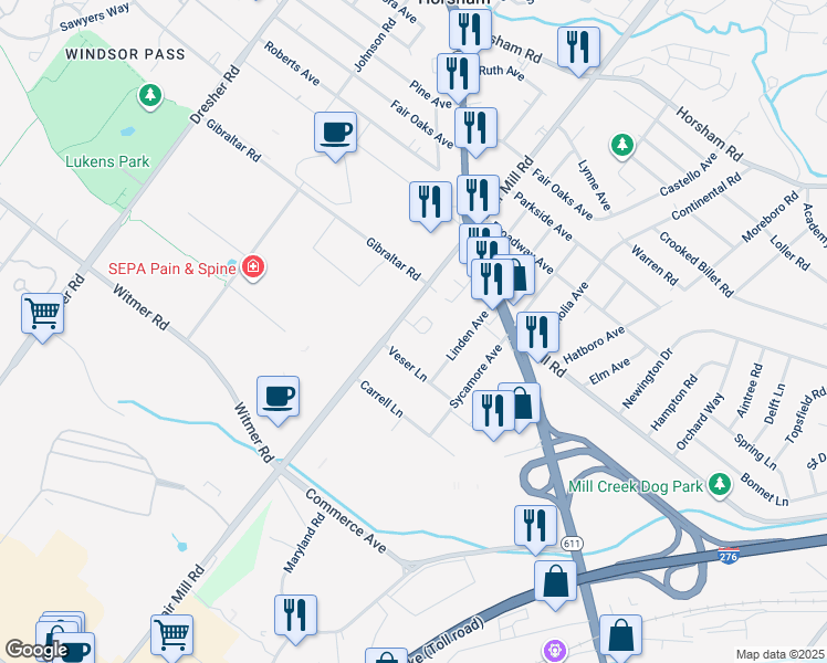 map of restaurants, bars, coffee shops, grocery stores, and more near 2715 Keebler Court in Willow Grove