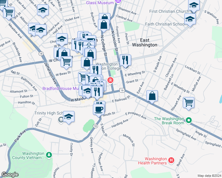 map of restaurants, bars, coffee shops, grocery stores, and more near 99 East Maiden Street in Washington