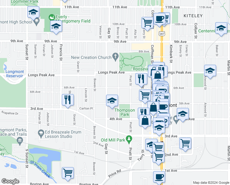 map of restaurants, bars, coffee shops, grocery stores, and more near 537 Bross Street in Longmont