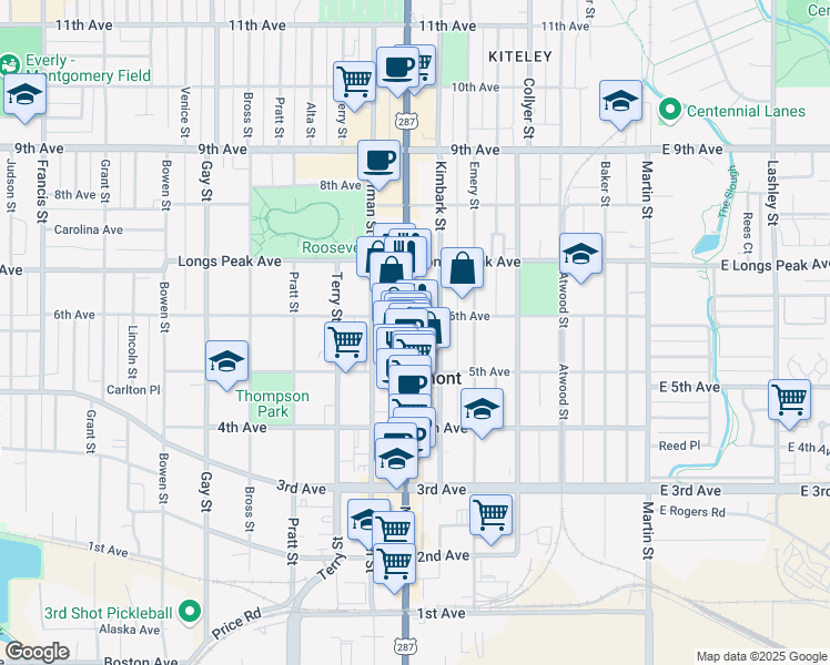 map of restaurants, bars, coffee shops, grocery stores, and more near 528 Main Street in Longmont