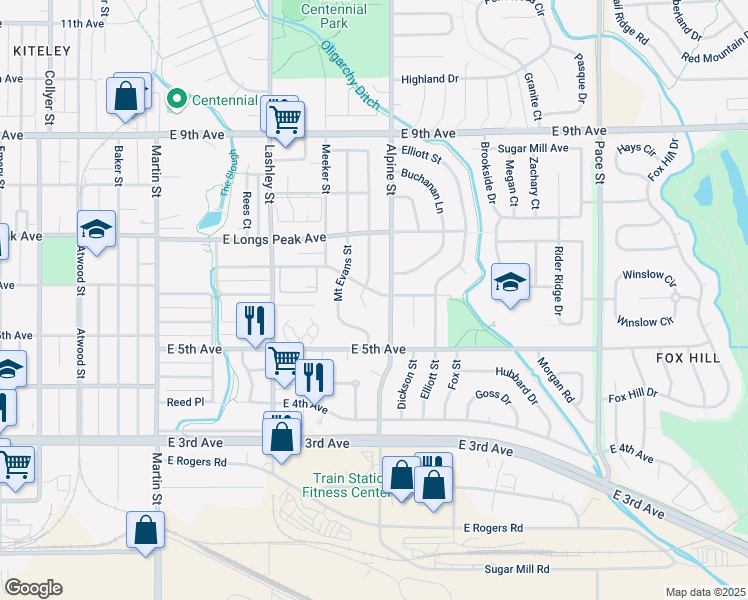 map of restaurants, bars, coffee shops, grocery stores, and more near 552 Hilltop Street in Longmont