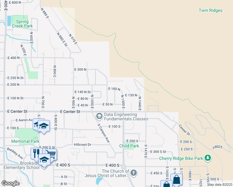 map of restaurants, bars, coffee shops, grocery stores, and more near 150 North 1230 East Street in Springville