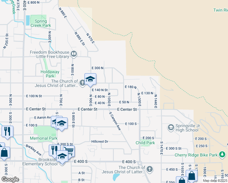 map of restaurants, bars, coffee shops, grocery stores, and more near 1056 East 150 North in Springville
