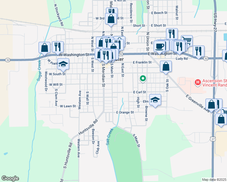 map of restaurants, bars, coffee shops, grocery stores, and more near 425 South Main Street in Winchester
