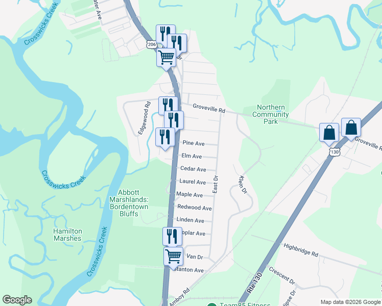 map of restaurants, bars, coffee shops, grocery stores, and more near 5 Elm Avenue in Bordentown