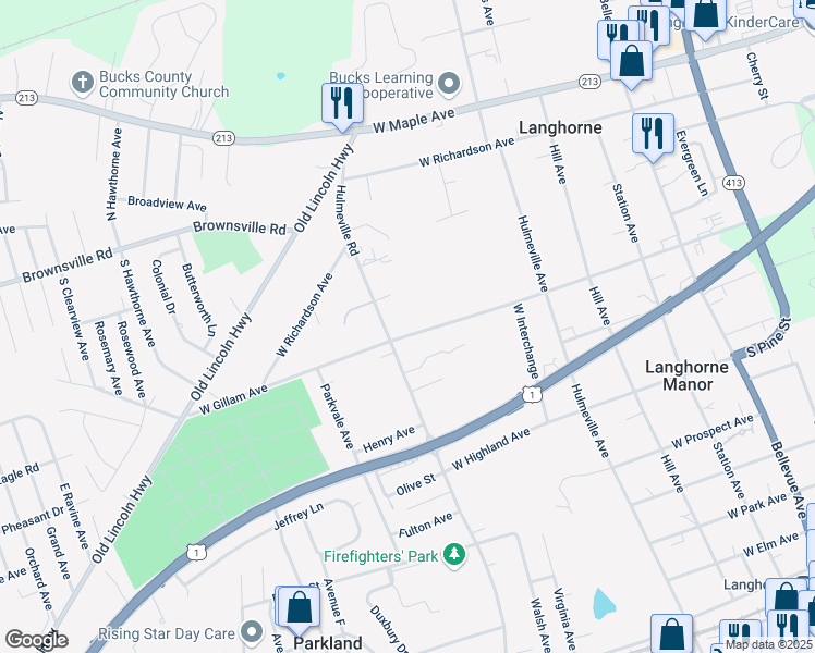 map of restaurants, bars, coffee shops, grocery stores, and more near 647 West Gillam Avenue in Langhorne