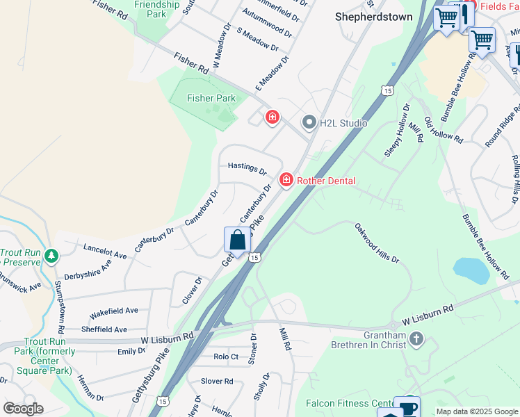 map of restaurants, bars, coffee shops, grocery stores, and more near 2148 Canterbury Drive in Mechanicsburg