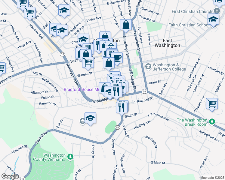 map of restaurants, bars, coffee shops, grocery stores, and more near 40 North Main Street in Washington