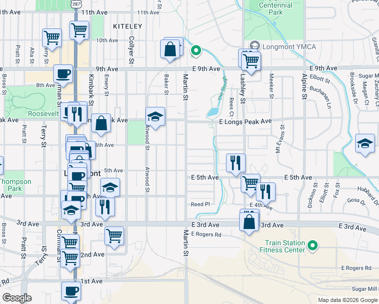 map of restaurants, bars, coffee shops, grocery stores, and more near 534 Martin Street in Longmont