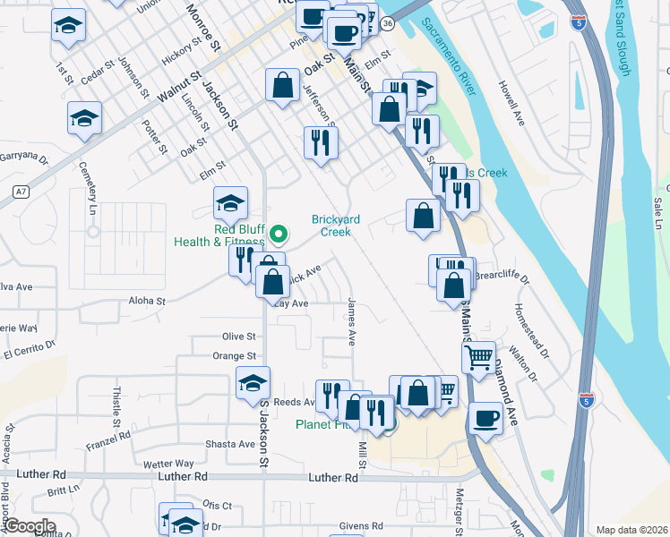 map of restaurants, bars, coffee shops, grocery stores, and more near 235 Kay Avenue in Red Bluff