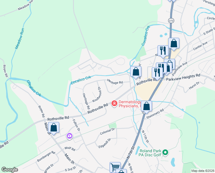 map of restaurants, bars, coffee shops, grocery stores, and more near 215 Riverview Drive in Ephrata
