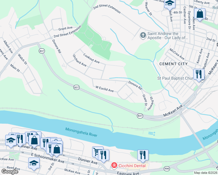 map of restaurants, bars, coffee shops, grocery stores, and more near 29 West Euclid Avenue in Monongahela