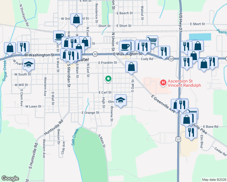 map of restaurants, bars, coffee shops, grocery stores, and more near 355-399 East Carl Street in Winchester