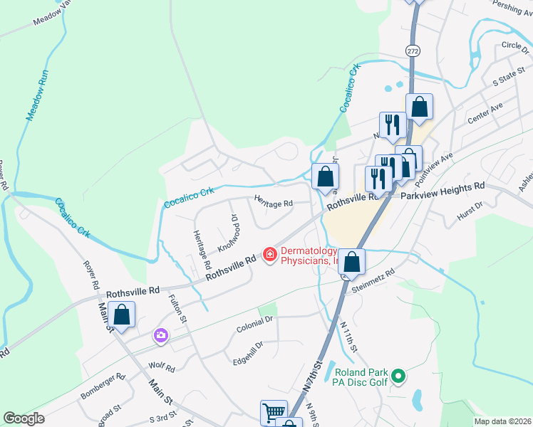 map of restaurants, bars, coffee shops, grocery stores, and more near 273 Riverview Drive in Ephrata