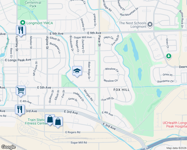 map of restaurants, bars, coffee shops, grocery stores, and more near 598 Rider Ridge Drive in Longmont