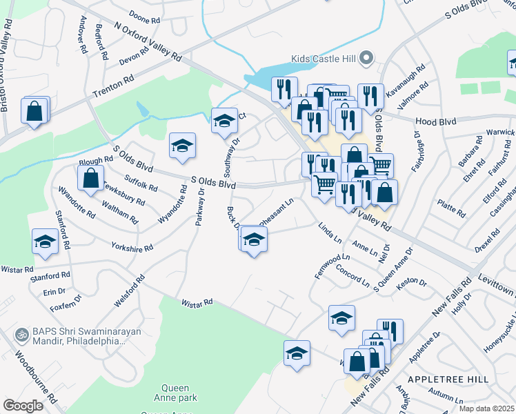 map of restaurants, bars, coffee shops, grocery stores, and more near 218 Durham Court in Fairless Hills
