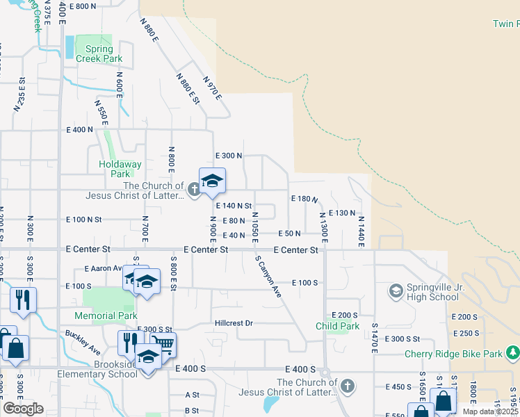 map of restaurants, bars, coffee shops, grocery stores, and more near 1056 East 150 North in Springville