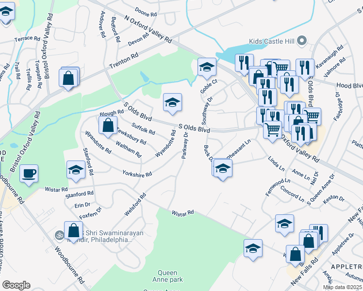 map of restaurants, bars, coffee shops, grocery stores, and more near 511 Parkway Drive in Fairless Hills