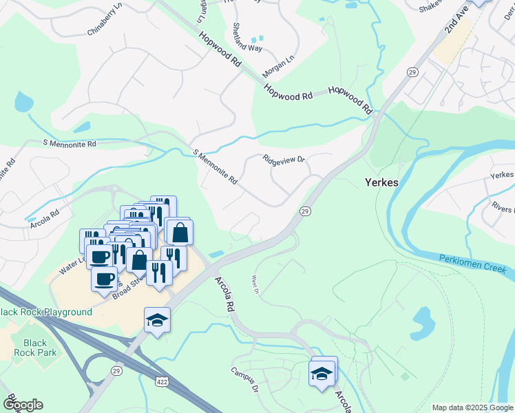 map of restaurants, bars, coffee shops, grocery stores, and more near 121 South Mennonite Road in Collegeville