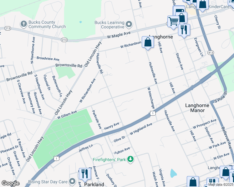 map of restaurants, bars, coffee shops, grocery stores, and more near 647 West Gillam Avenue in Langhorne
