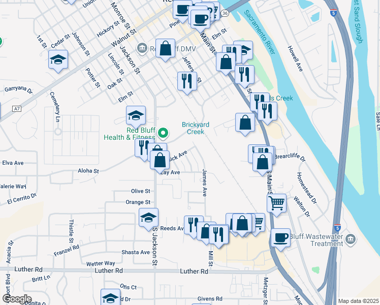 map of restaurants, bars, coffee shops, grocery stores, and more near 725 Musick Avenue in Red Bluff
