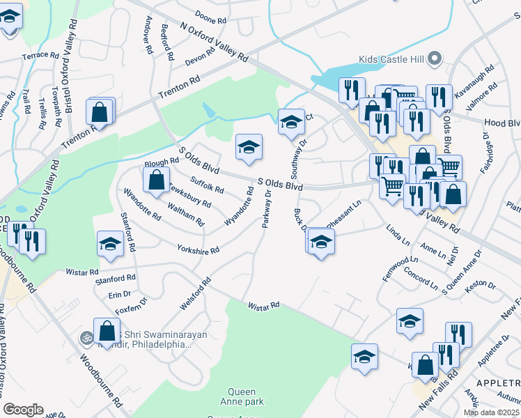 map of restaurants, bars, coffee shops, grocery stores, and more near 511 Parkway Drive in Fairless Hills