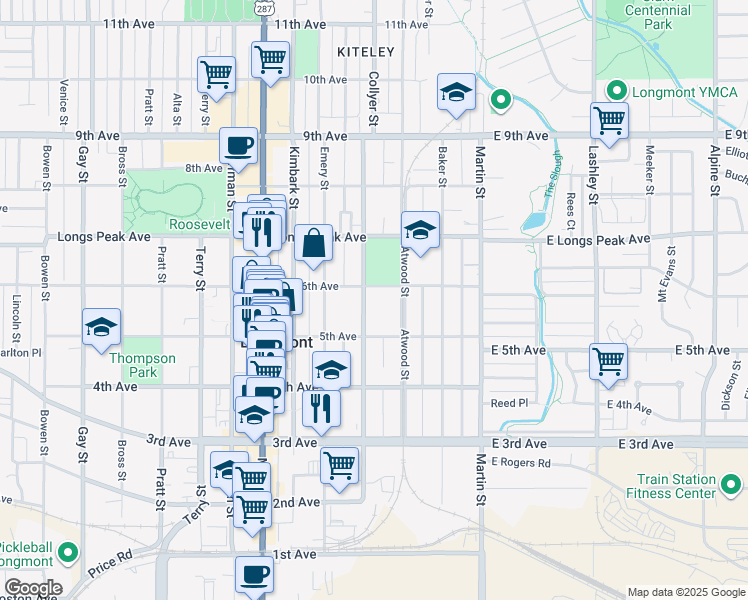 map of restaurants, bars, coffee shops, grocery stores, and more near 536 Collyer Street in Longmont