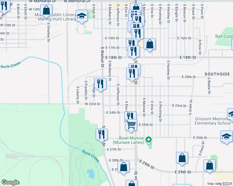 map of restaurants, bars, coffee shops, grocery stores, and more near 200 East 22nd Street in Muncie