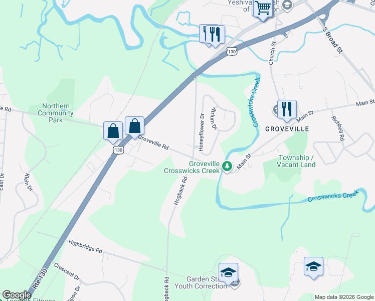 map of restaurants, bars, coffee shops, grocery stores, and more near 92 Groveville Road in Trenton