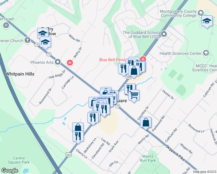 map of restaurants, bars, coffee shops, grocery stores, and more near 843 2nd Avenue in Blue Bell