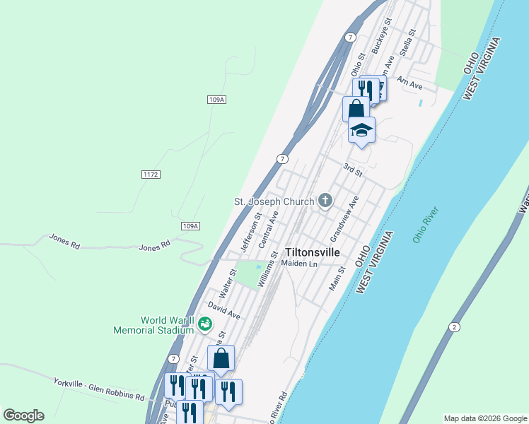map of restaurants, bars, coffee shops, grocery stores, and more near 241 Jefferson Street in Tiltonsville
