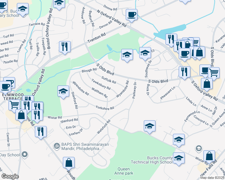 map of restaurants, bars, coffee shops, grocery stores, and more near 236 Tewksbury Road in Fairless Hills
