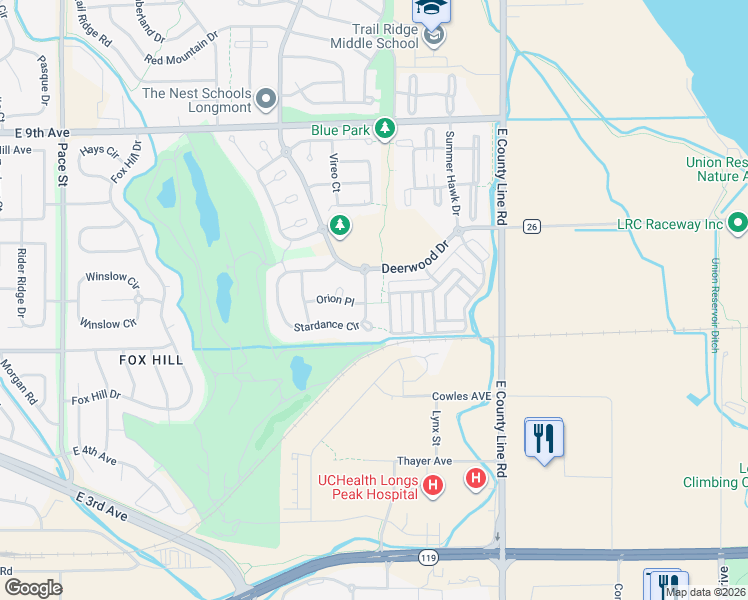 map of restaurants, bars, coffee shops, grocery stores, and more near 1718 Stardance Circle in Longmont