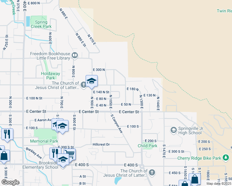 map of restaurants, bars, coffee shops, grocery stores, and more near 1056 East 150 North in Springville