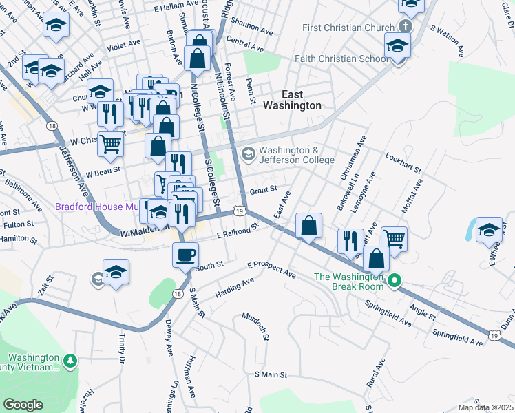 map of restaurants, bars, coffee shops, grocery stores, and more near 221 East Maiden Street in Washington