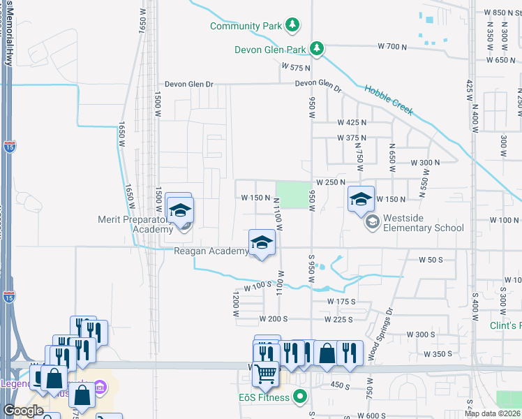 map of restaurants, bars, coffee shops, grocery stores, and more near 1146 West 100 North in Springville