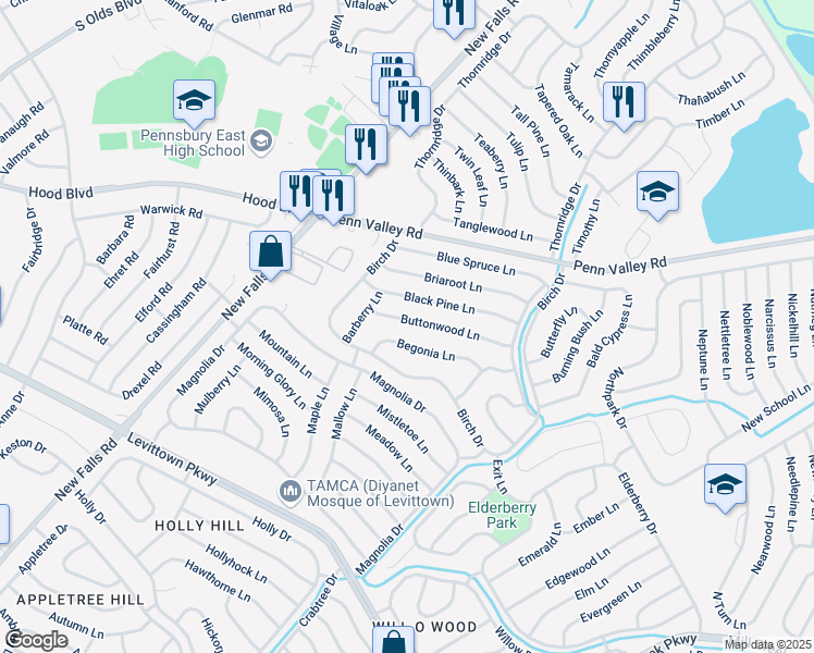 map of restaurants, bars, coffee shops, grocery stores, and more near 67 Buttonwood Lane in Levittown