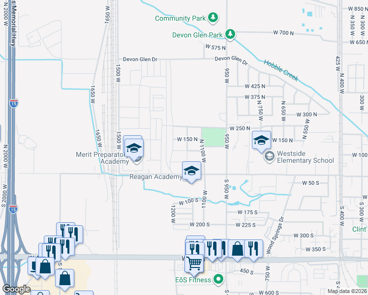 map of restaurants, bars, coffee shops, grocery stores, and more near 1156 W 100 N in Springville