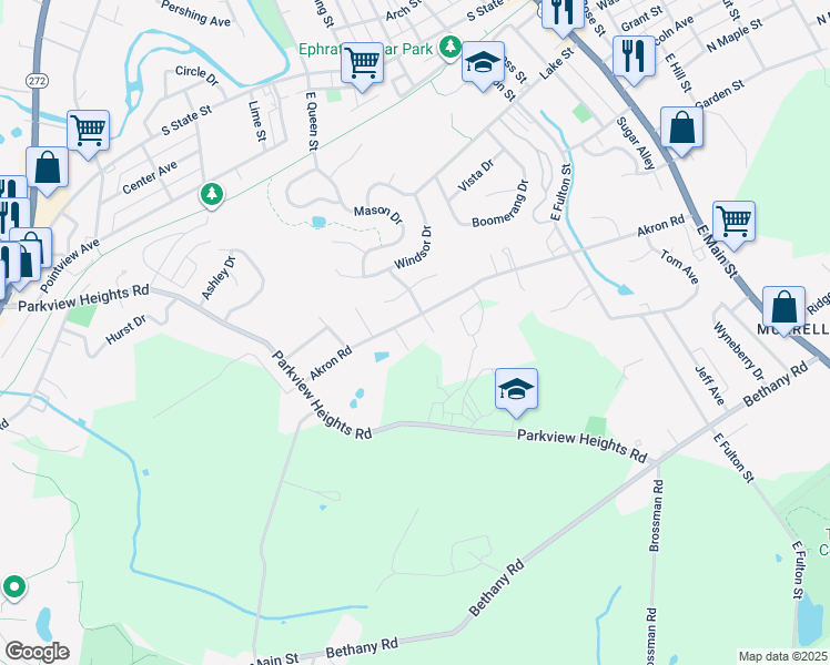 map of restaurants, bars, coffee shops, grocery stores, and more near 214 Akron Road in Ephrata